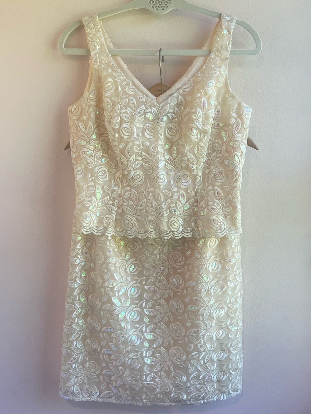Vintage Chris McLaughlin Ivory Iridescent Sequin Rose Two-Piece Bridal Size 6